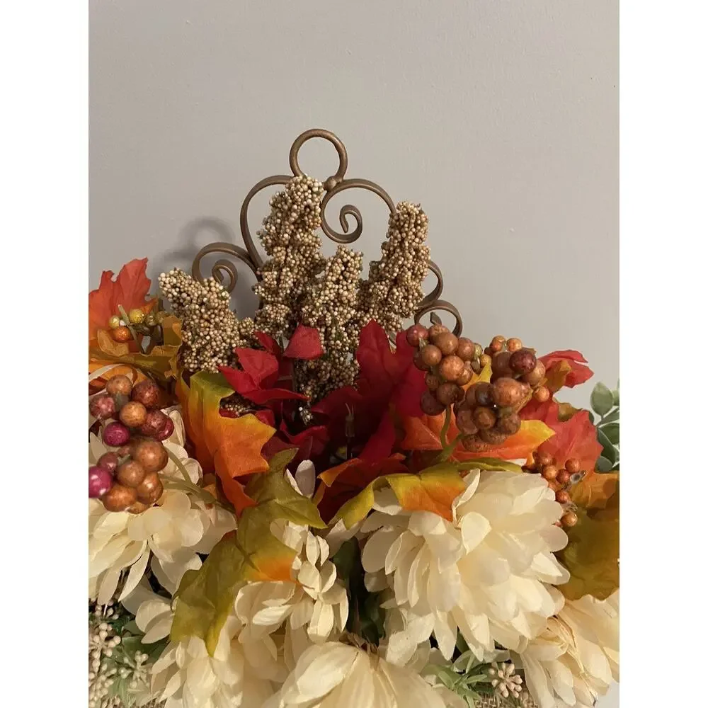 Fall Flower Arrangement In Large Upcycled Metal Hanging Basket Copper Painted